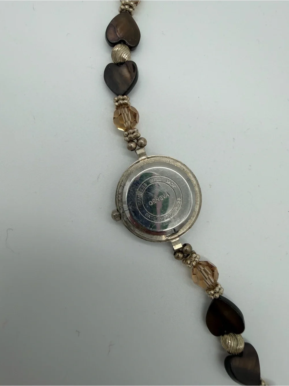 Geneva Brown Heart Bead Bracelet Watch with Silver Accents